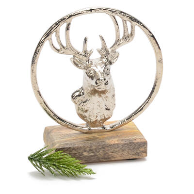 silbener Hirschkopf im Ring auf Holzfu, Hirsche, dejko Weihnachten, Walddeko