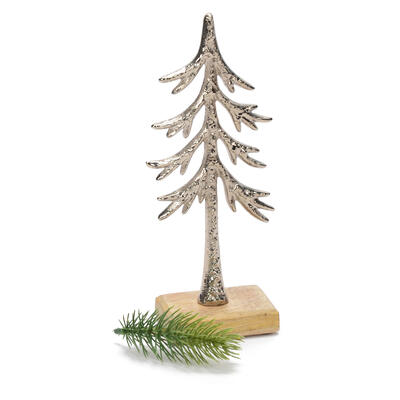 silbener Tannenbaum auf Holzfu, Tanne, Weihnactsdeko, Weihnachten, Metallbaum