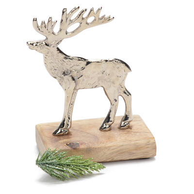 silberner Metallhirsch auf Holzfu, Hirsche, Weihnachtedeko, Deko Weihnachten, Walddeko